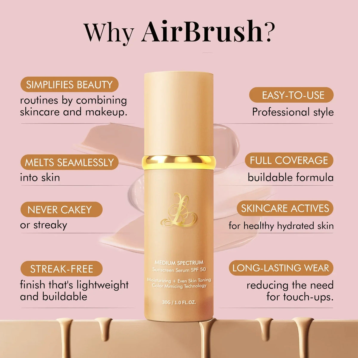 Blushimmer four-in-one color-changing liquid foundation with SPF50+ showing a sleek bottle and swatch demonstrating its moisturizing formula.