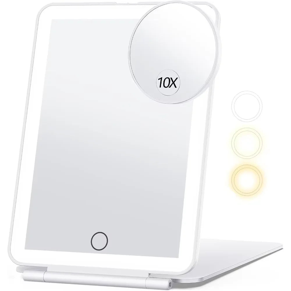 Blushimmer LED folding travel makeup mirror with 3 light modes, USB rechargeable, touch screen, portable tabletop cosmetic mirror.