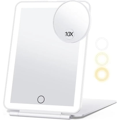 Blushimmer LED folding travel makeup mirror with 3 light modes, USB rechargeable, touch screen, portable tabletop cosmetic mirror.