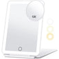 Blushimmer LED folding travel makeup mirror with 3 light modes, USB rechargeable, touch screen, portable tabletop cosmetic mirror.
