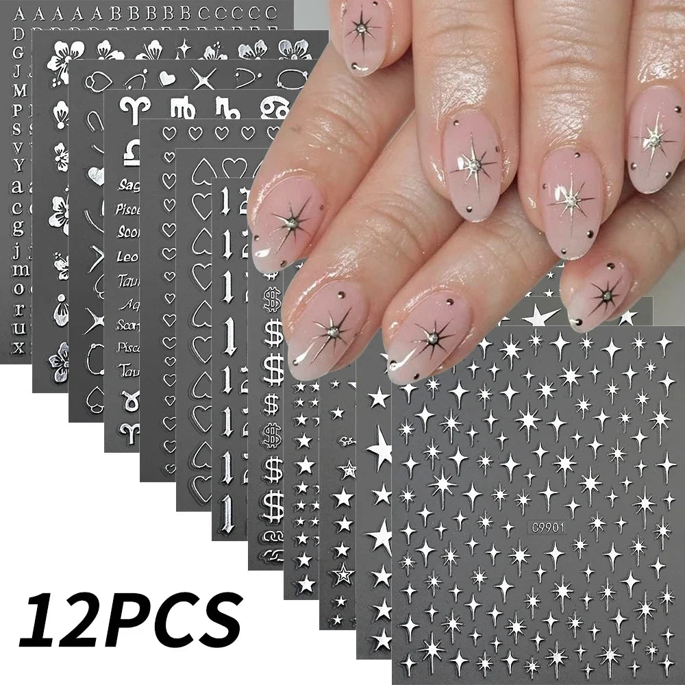 Set of 12 Blushimmer bronzing laser star nail stickers with 3D alphabet, heart, flower designs for DIY gradient manicure art.