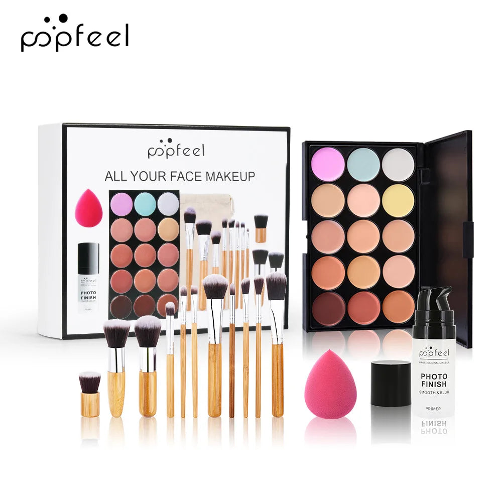 Blushimmer All in One Makeup Kit with eyeshadow palette, foundation, lip gloss, blush, brushes, eyeliner, and colorful paste.