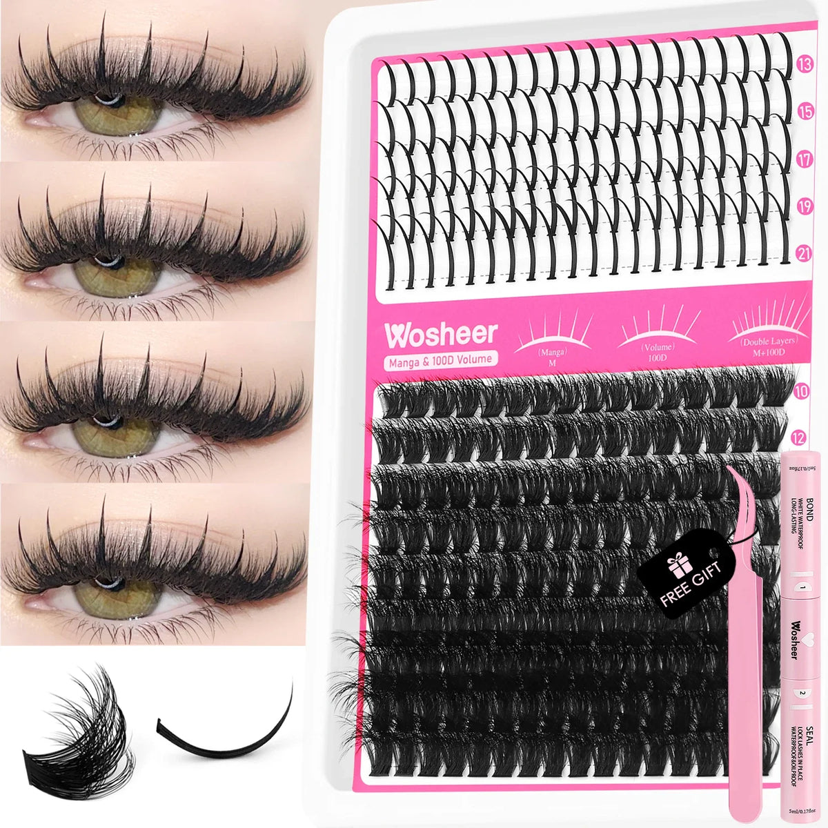Blushimmer WOSHEER Lash Clusters Kit with spiky eyelash extension clusters for volume and DIY lash enhancements, shown in image.