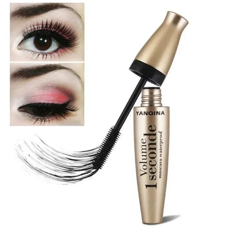 Blushimmer 3D fiber mascara with long black silk lashes, waterproof eye makeup extension, showcasing volumized eyelash enhancement.