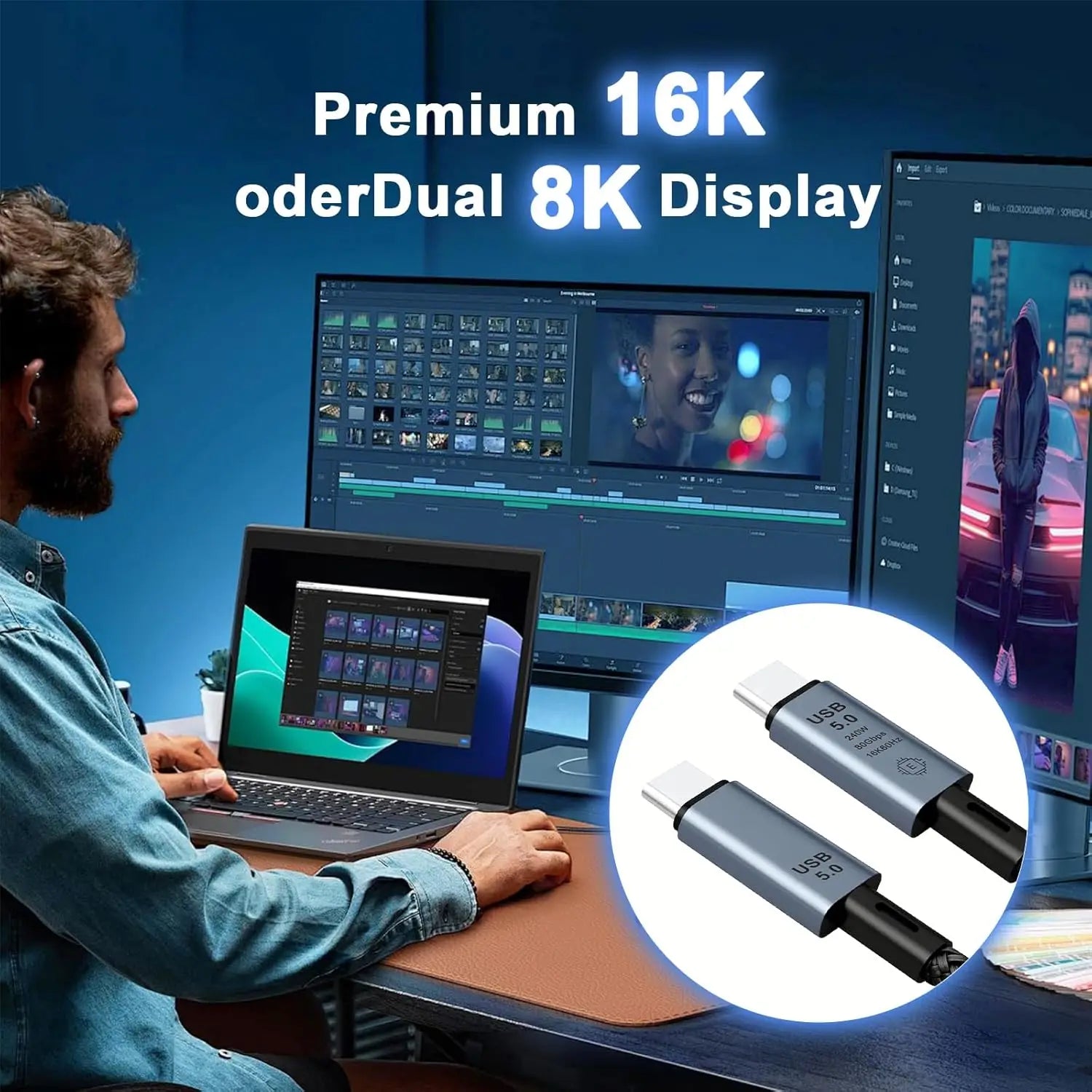 USB5.0 Type-C Cable, 80Gbps High-Speed, 240W Fast-Charging, Full-Function, Male To Male for 16K Video Data Transmission