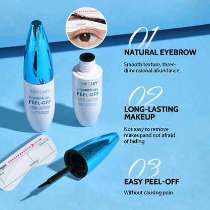 Blushimmer Rave Lady Peel-Off Eyebrow Gel, waterproof tinting liquid in 10g container with clear applicator brush.