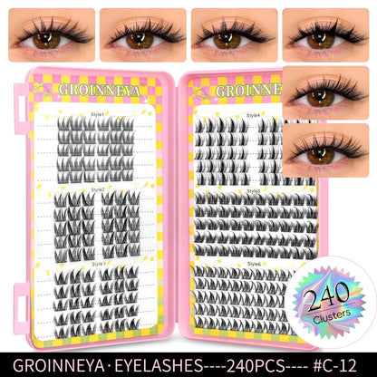 Blushimmer GROINNEYA eyelash clusters, 320 pcs natural volume eyelash extension tray with mixed cluster lashes on a white background.