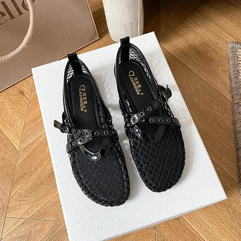 Mesh Brand Ballet Flats Women Rivet Belt Buckle Fashion Sandals Ladies Comfort Hollow Designer Breathable Mary Jane Shoes Woman