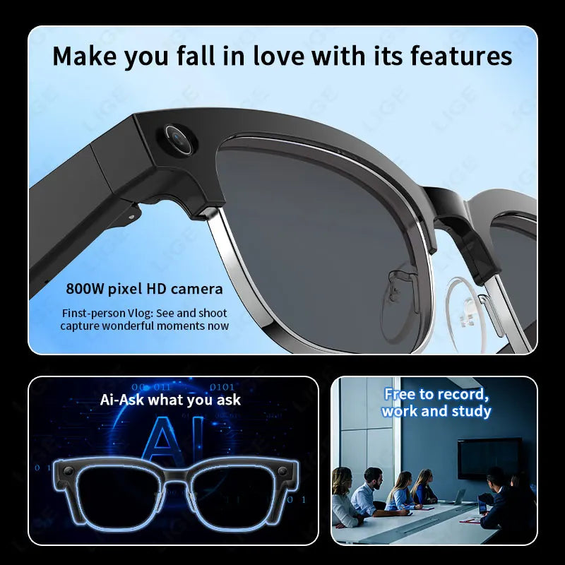 Smart Glasses AI 8 Million Pixels Recording Videos Photo Recognition Answer Translation 290mAh IP66 Waterproof Bluetooth Glasses