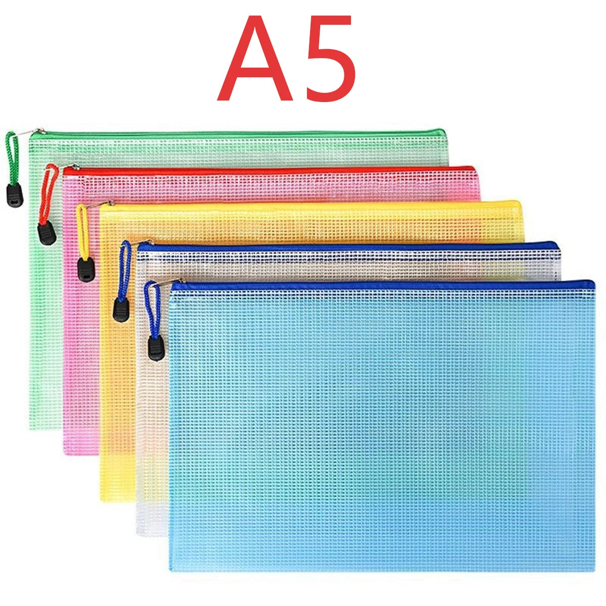 5Pcs A4/A5/A6 Stationery Storage Folder File Mesh Zipper Pouch Document Bag Zip File Folders School Office Supplies
