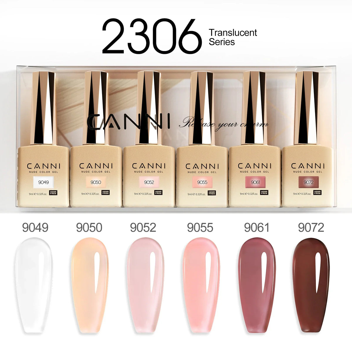 Six bottles of Blushimmer CANNI HEMA free nail gel polish set with vibrant colors for semi-permanent UV and LED gel nails.
