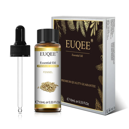 Blushimmer EUQEE 10ml essential oil set with lavender, jasmine, eucalyptus, vanilla, sandalwood, orange, lemon, oregano, and neroli.
