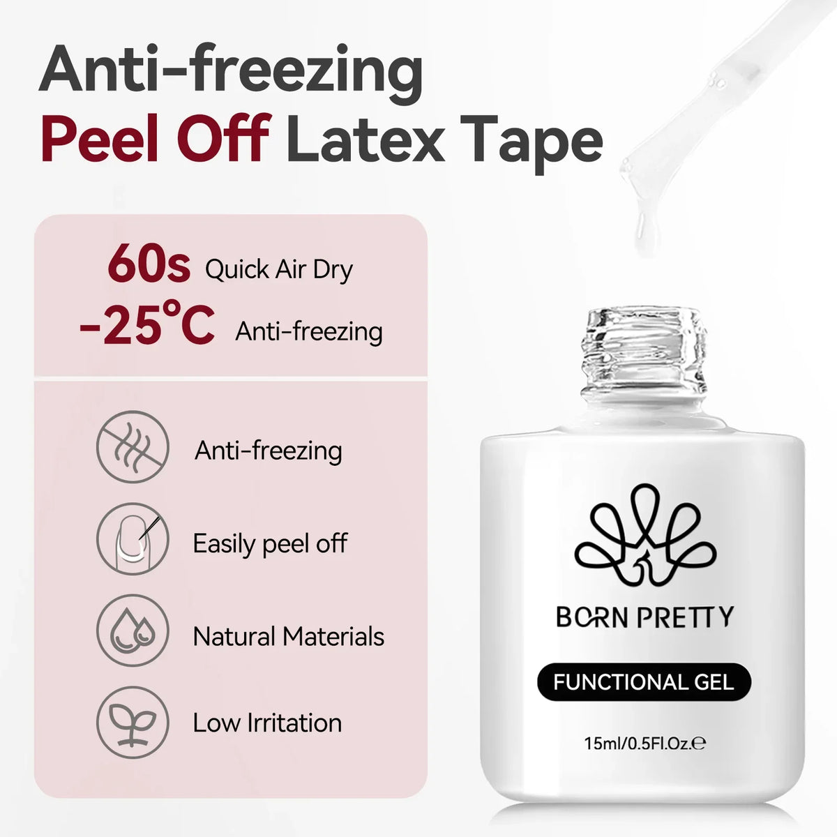 Blushimmer BORN PRETTY 15ml peel-off nail latex tape gel polish, quick-drying anti-freezing formula, finger protector tool.