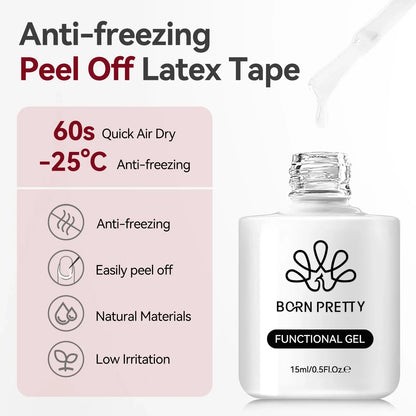 Blushimmer BORN PRETTY 15ml peel-off nail latex tape gel polish, quick-drying anti-freezing formula, finger protector tool.