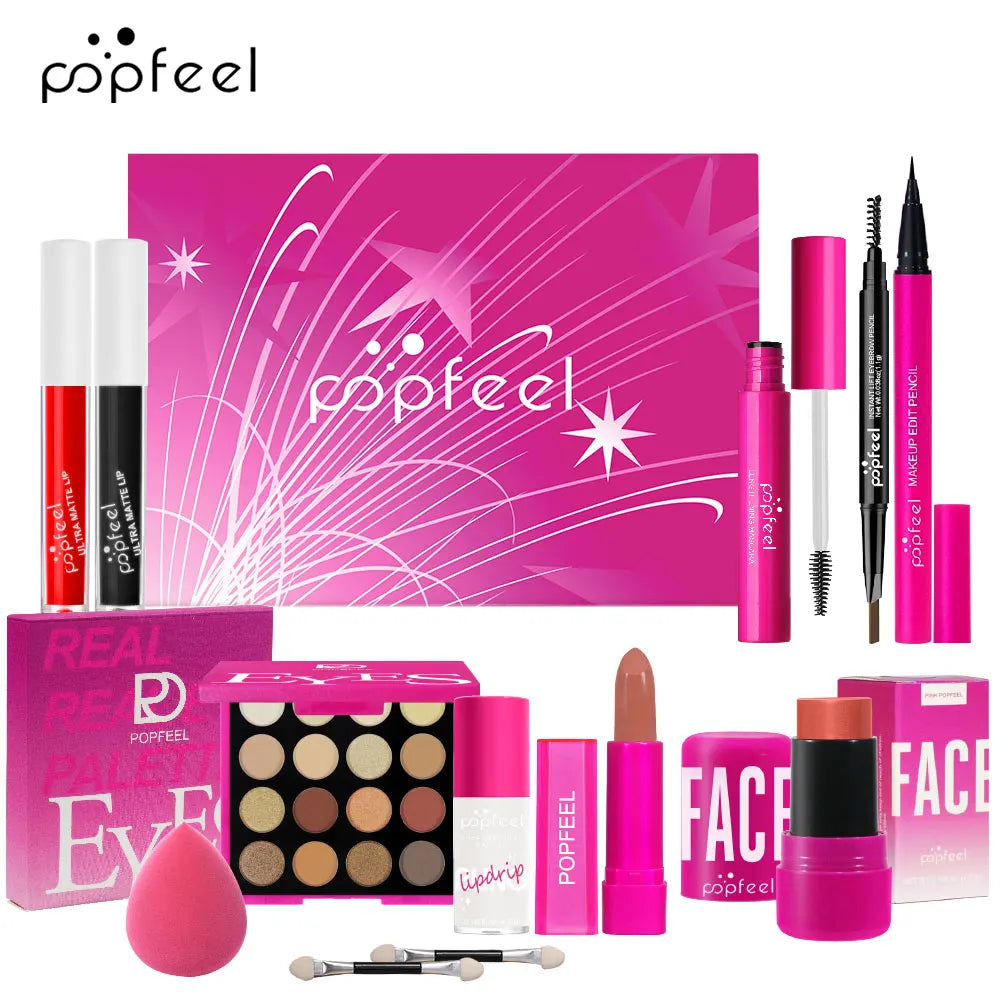 Blushimmer POPFEEL pink makeup set gift box with eyeshadow, blush, and lipstick for girls, ideal for birthdays or special occasions.