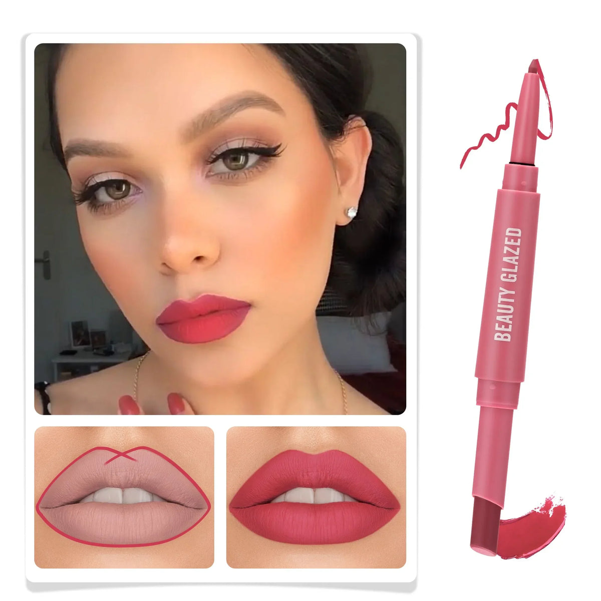 Blushimmer 2-in-1 lip liner and lipstick pen with waterproof, long-lasting matte finish, suitable for daily makeup.