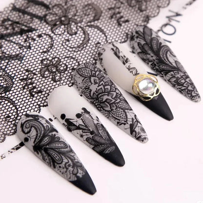 Set of 10 black and white lace nail art foil rolls by Blushimmer for DIY manicure nail decoration and transfer sticker designs.