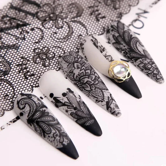 Set of 10 black and white lace nail art foil rolls by Blushimmer for DIY manicure nail decoration and transfer sticker designs.