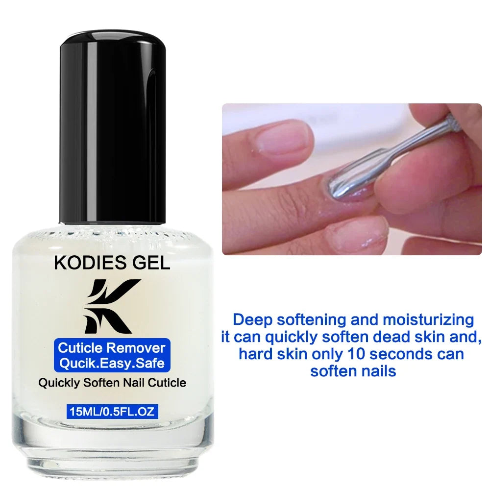 Blushimmer KODIES GEL cuticle remover in 15ML bottle, gentle exfoliator for foot and nail cuticle softening and manicure care.