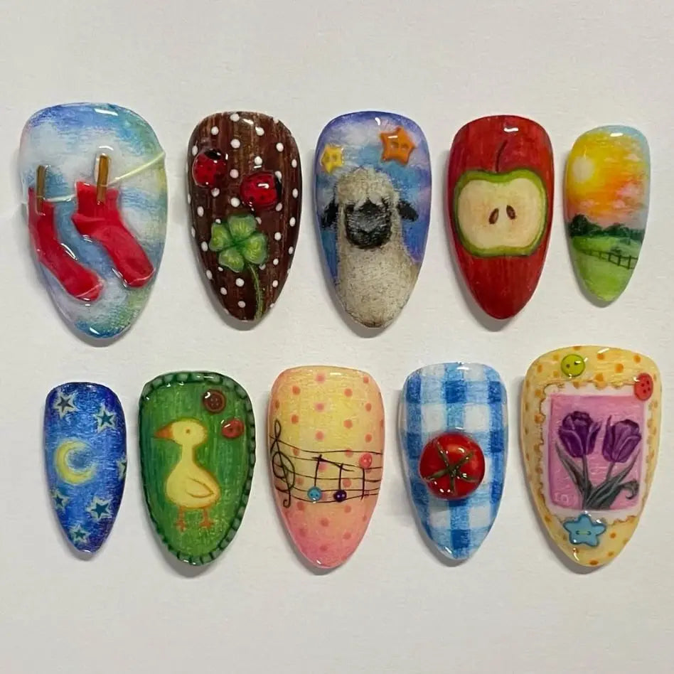 Set of 24 Blushimmer wine red almond press-on nails with cartoon rabbit, bowknot, plaid, pearl details, and French design for girls