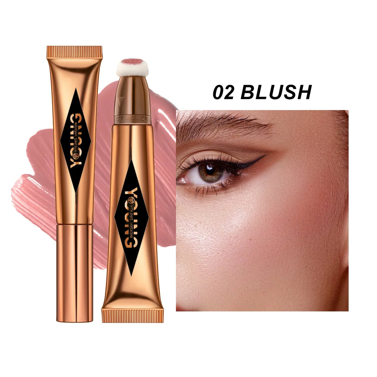 Blushimmer Young Vision air cushion powder blusher and high gloss makeup liquid rouge in 6 color options, displayed in sleek sticks.