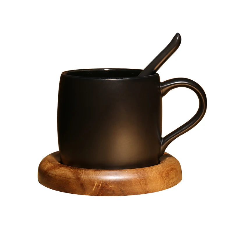 Nordic coffee shop frosted mug with spoon Tray Black coffee cup with wooden base Mark Drinkware mug Creative ceramic water cup