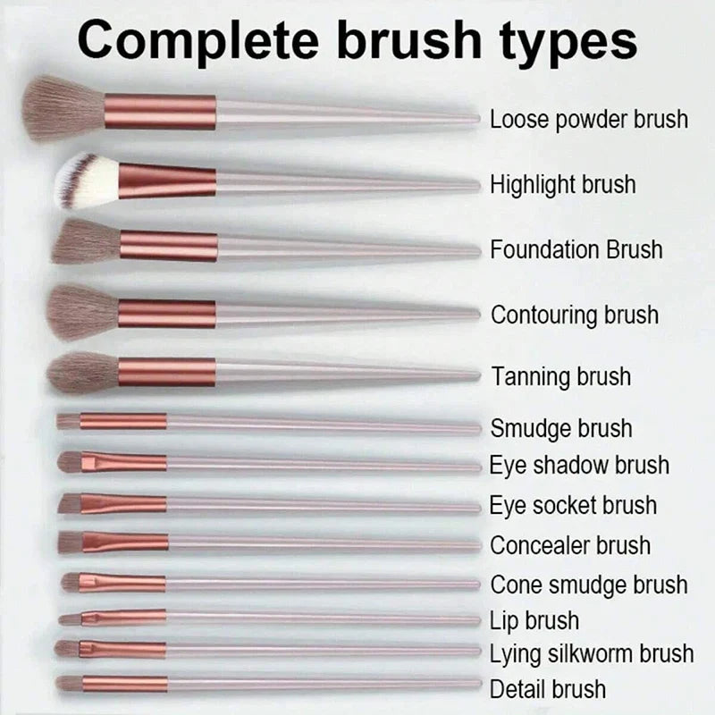 Set of 13 Blushimmer makeup brushes including eyeshadow, foundation, blush, and beauty tools in a soft makeup bag
