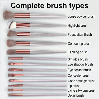 Set of 13 Blushimmer makeup brushes including eyeshadow, foundation, blush, and beauty tools in a soft makeup bag