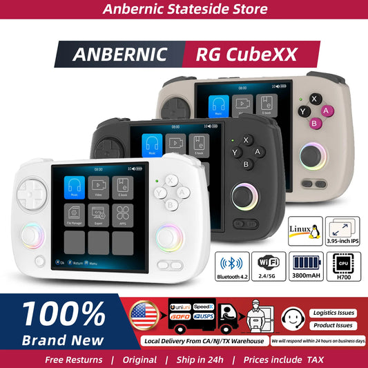 Anbernic RG CUBEXX handheld game console with 3.95-inch IPS screen, Linux system, video output, and ebook reader features.
