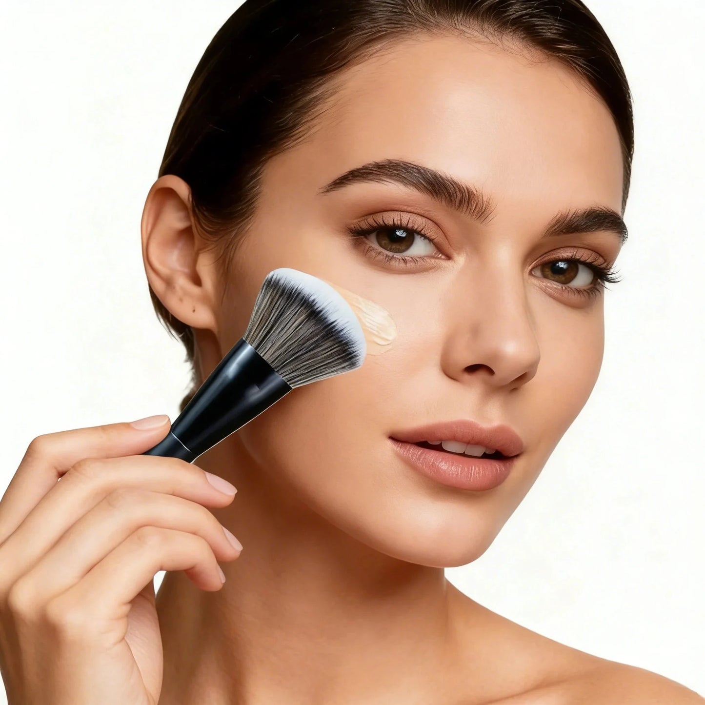 5-piece facial makeup brush set with foundation, powder, blush, concealer, contour, and blending brushes with oil-sprayed handles.