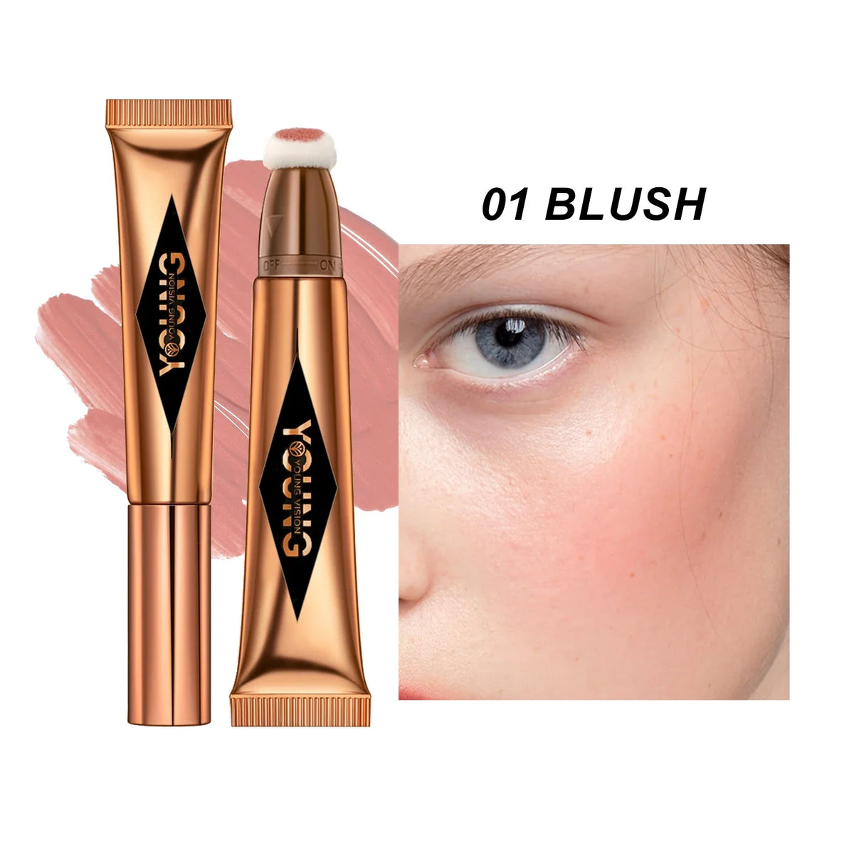 Blushimmer Young Vision air cushion powder blusher stick in high gloss liquid rouge, available in six colors, with a sleek makeup application design.