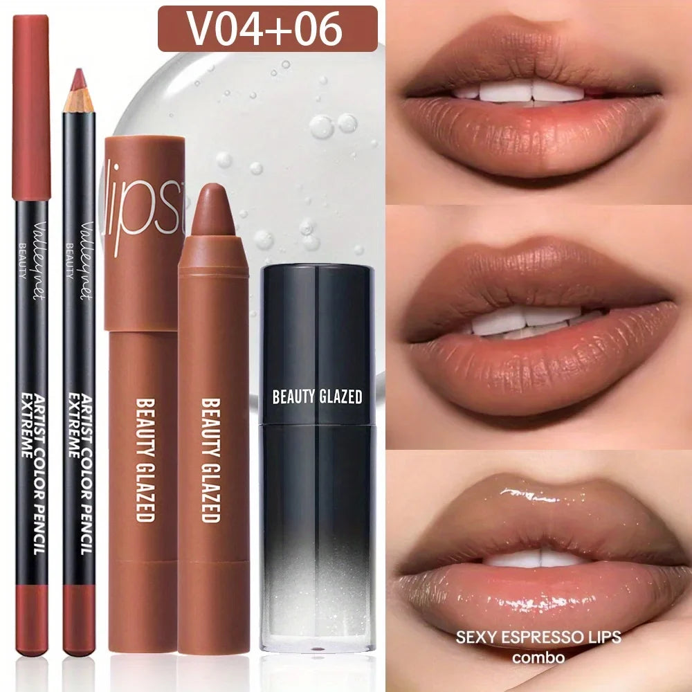 Blushimmer 3-piece lip set with lip liner, matte lipstick, and lip gloss, displayed on a neutral background.