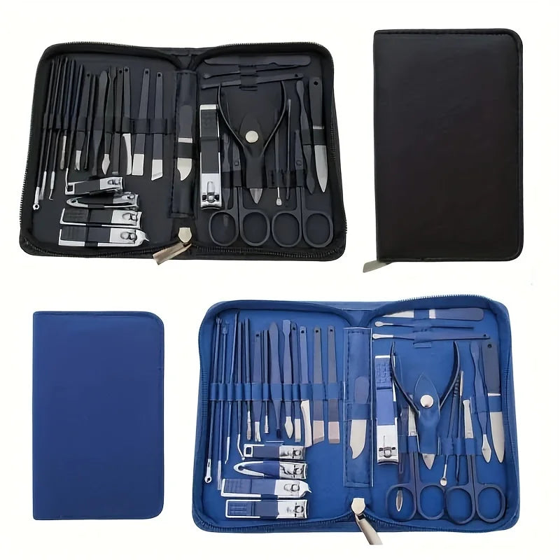 Set of 30 high-quality steel manicure and pedicure nail clippers, including cutters and scissors, in a Blushimmer 30-in-1 nail care kit.