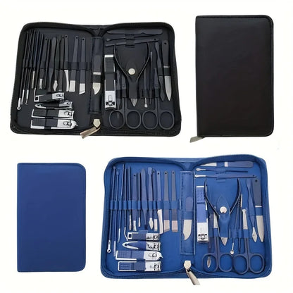 Set of 30 high-quality steel manicure and pedicure nail clippers, including cutters and scissors, in a Blushimmer 30-in-1 nail care kit.