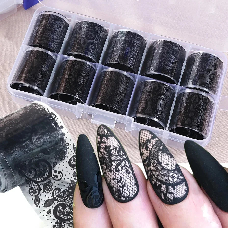 Set of 10 white and black lace nail art foil rolls from Blushimmer, featuring transfer sticker paper for DIY manicure decoration.