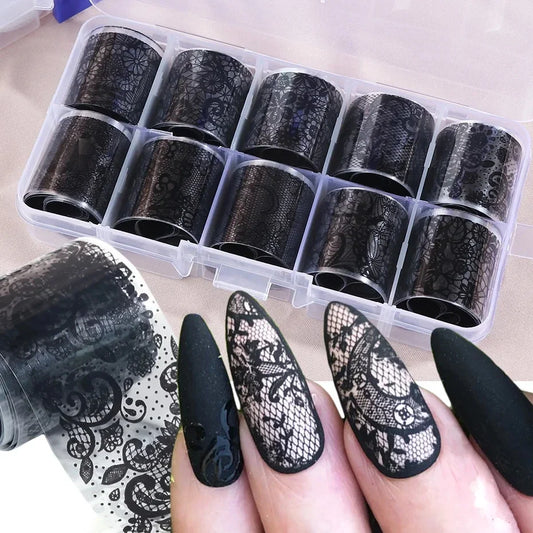 Set of 10 white and black lace nail art foil rolls from Blushimmer, featuring transfer sticker paper for DIY manicure decoration.