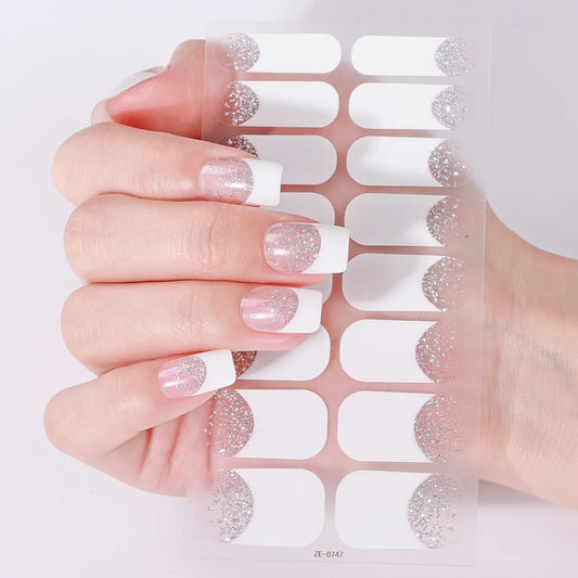 Blushimmer 16Tips full cover French nail polish strips with gradient glitter design and self-adhesive nail art decals on a white background.