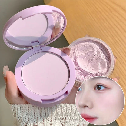 Blushimmer rose pink loose setting powder with lavender purple tint, waterproof, oil control, and transparent pressed powder concealer