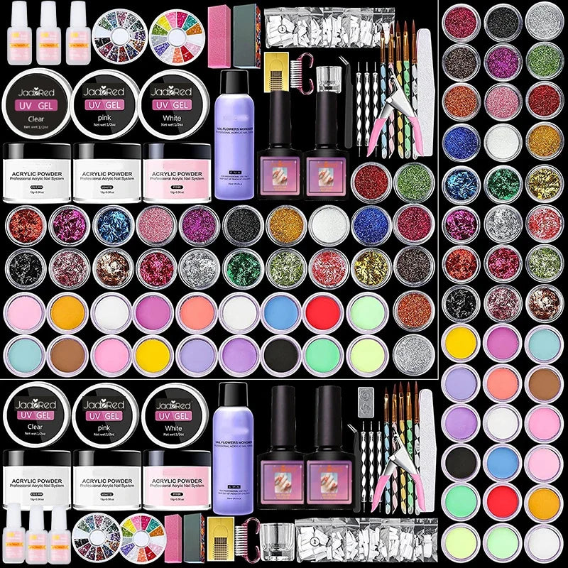 Blushimmer acrylic nail kit with acrylic powder, liquid, UV lamp, and gel nail supplies for DIY gel nails and manicures.