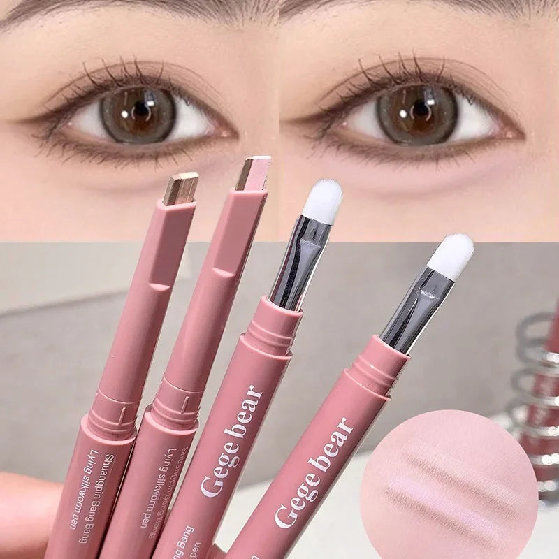 Blushimmer double-ended lying silkworm pencil with highlighter and eyeliner, nude shade, includes detail brush for eye contour makeup.