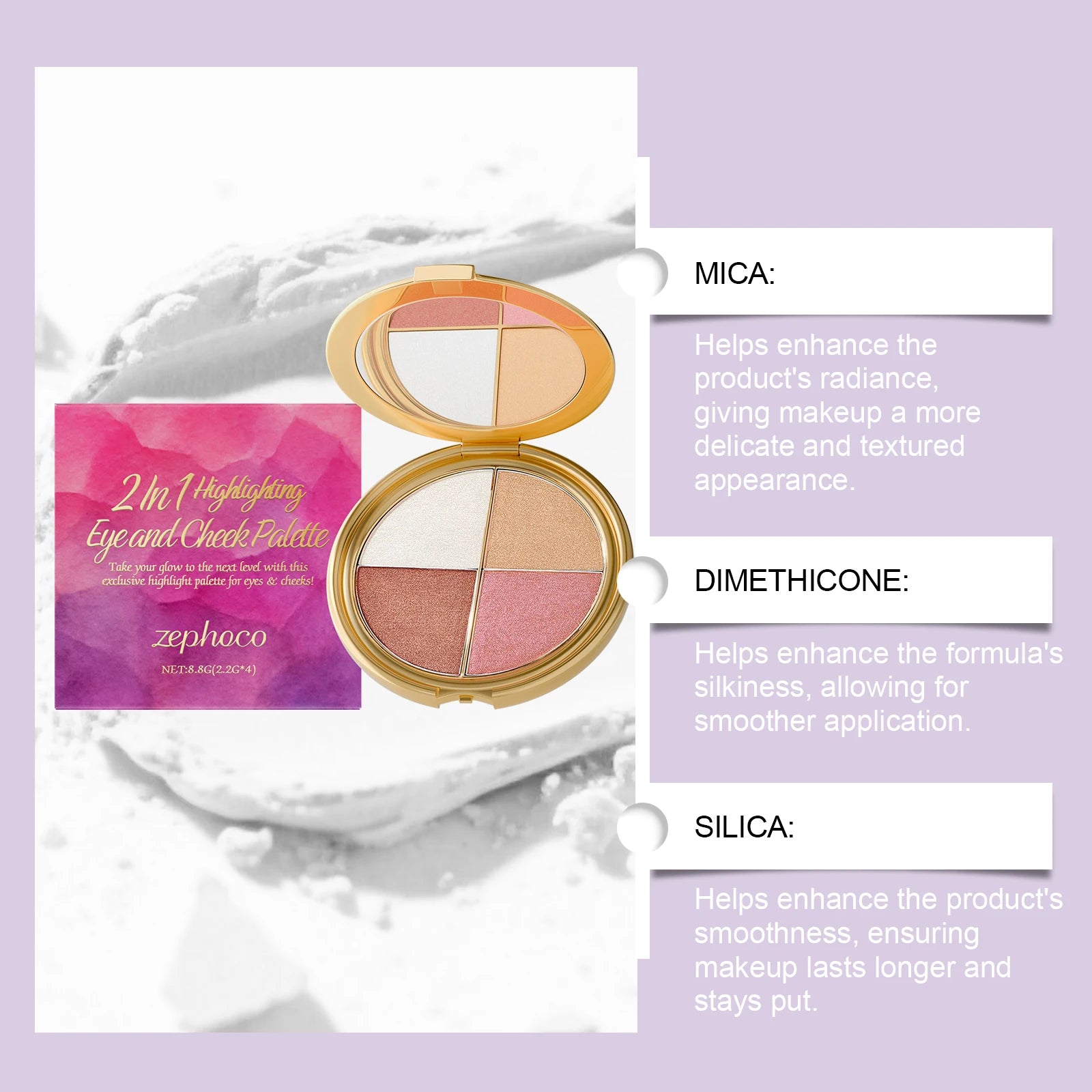 Zephoco 2In1 Highlighting Eye & Cheek Palette 4 Colors Shimmery Glow Makeup Palette For Face Eyes Daily Party Makeup