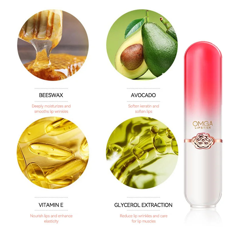 Blushimmer OMGA color-changing lip balm with peach flavor, moisturizing, waterproof, hydrating, temperature-sensitive jelly lipstick.