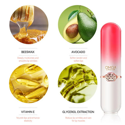 Blushimmer OMGA color-changing lip balm with peach flavor, moisturizing, waterproof, hydrating, temperature-sensitive jelly lipstick.