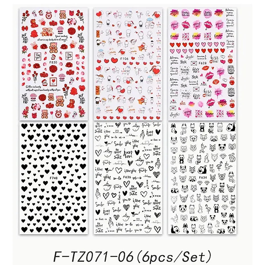 Set of 6PCS 3D Valentines Day nail art stickers by Blushimmer featuring cute girl cartoon designs and love letter themes.