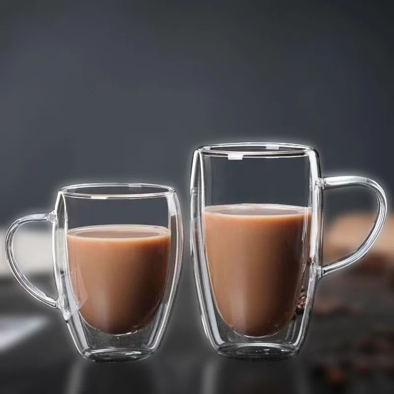 2PC Double Wall Glass Cup Heat Insulation Transparent Handmade Tea Drink Cups MINI Whisky glasses Coffee Mug with handle ﻿
