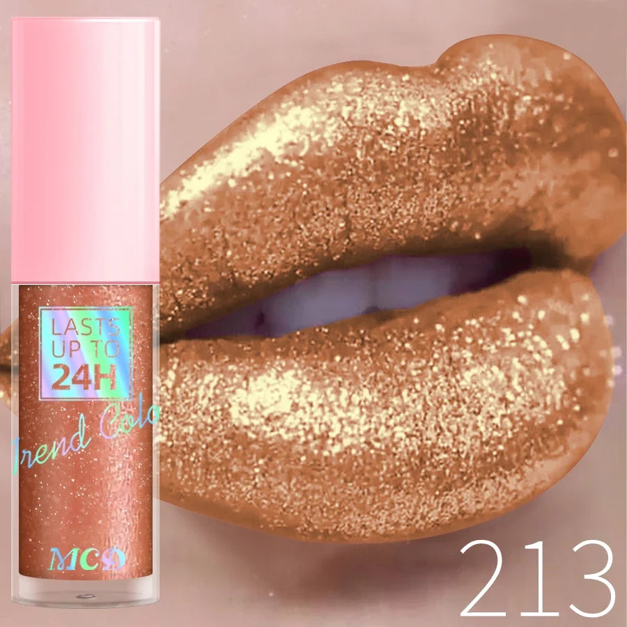 Blushimmer 18-color glitter lip gloss with long-lasting, waterproof liquid formula, featuring pearl shine and sparkling lip color.