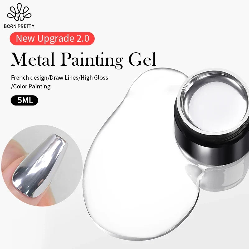 Metallic silver gel polish by Blushimmer, 5ml bottle showing shiny mirror finish, ideal for nail art and soak-off gel nails.
