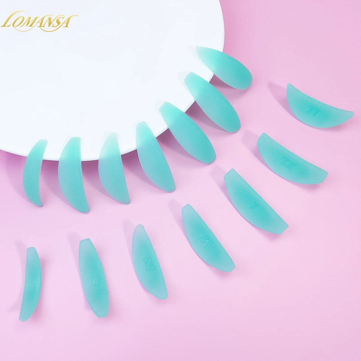 Lomansa 7 pairs L Curl silicone eyelash perm pads and shields, used as 3D eyelash curling accessories by Blushimmer.