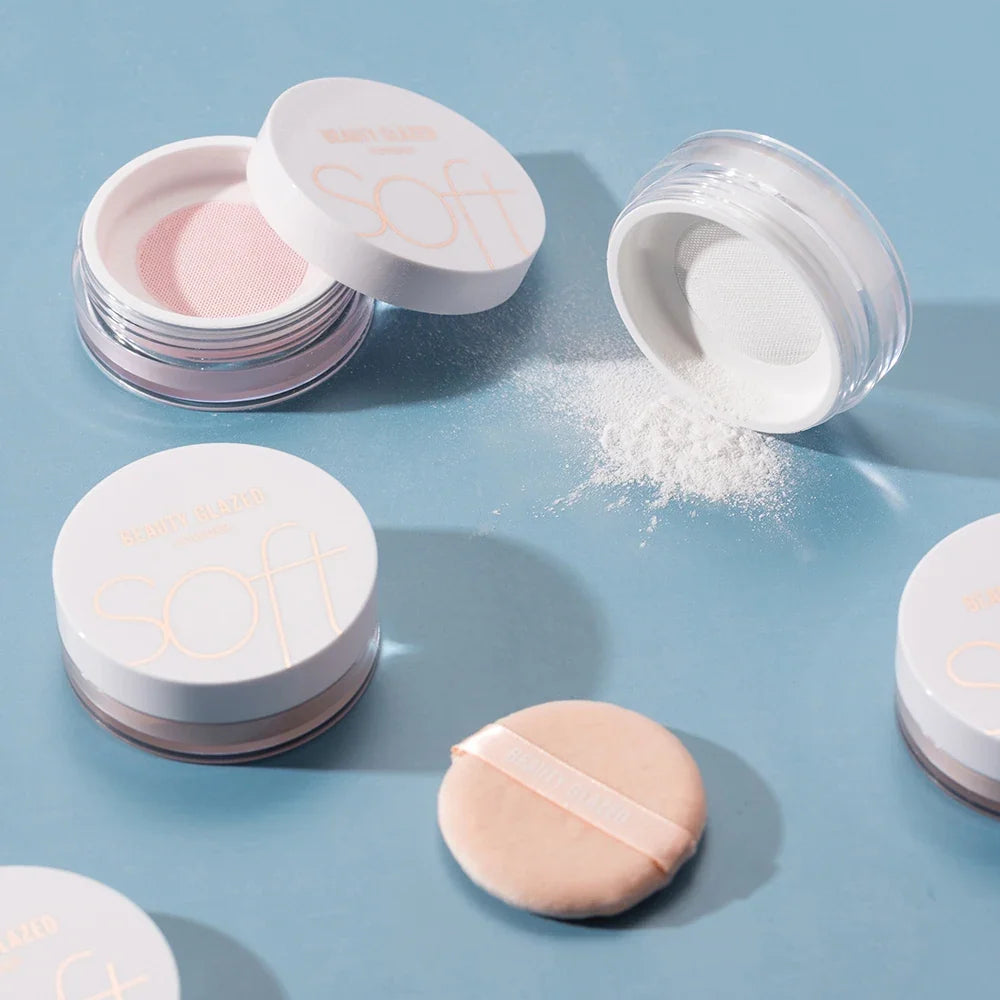 Beauty Glazed Banana Powder by Blushimmer, natural matte loose powder for long-lasting, waterproof concealer and makeup setting.