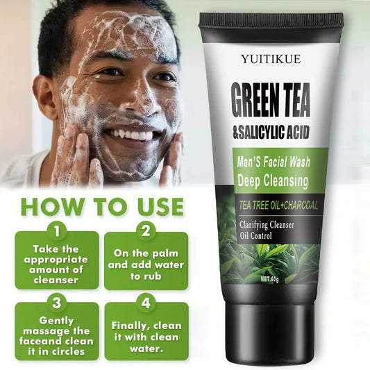 Men’s facial wash by Blushimmer with green tea, salicylic acid, tea tree, and charcoal for deep cleansing and oil control.